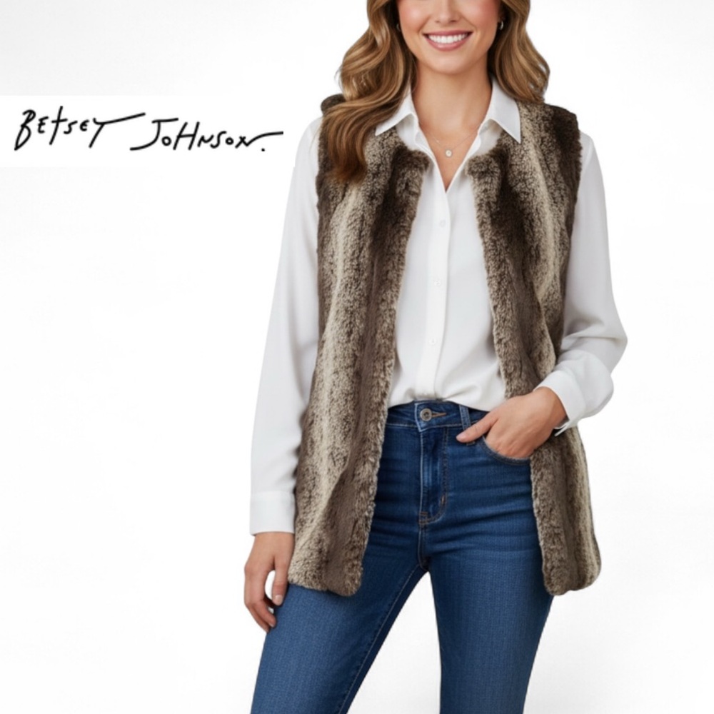 Betsey Johnson Brown Ombré Faux Fur Mid-Length Vest Women’s Large Cozy Luxury